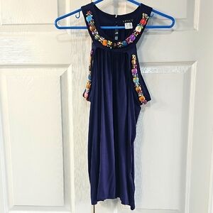Vintage Venus Open Arm W Beaded Strips & Beaded Neckline Blue Top LARGE
